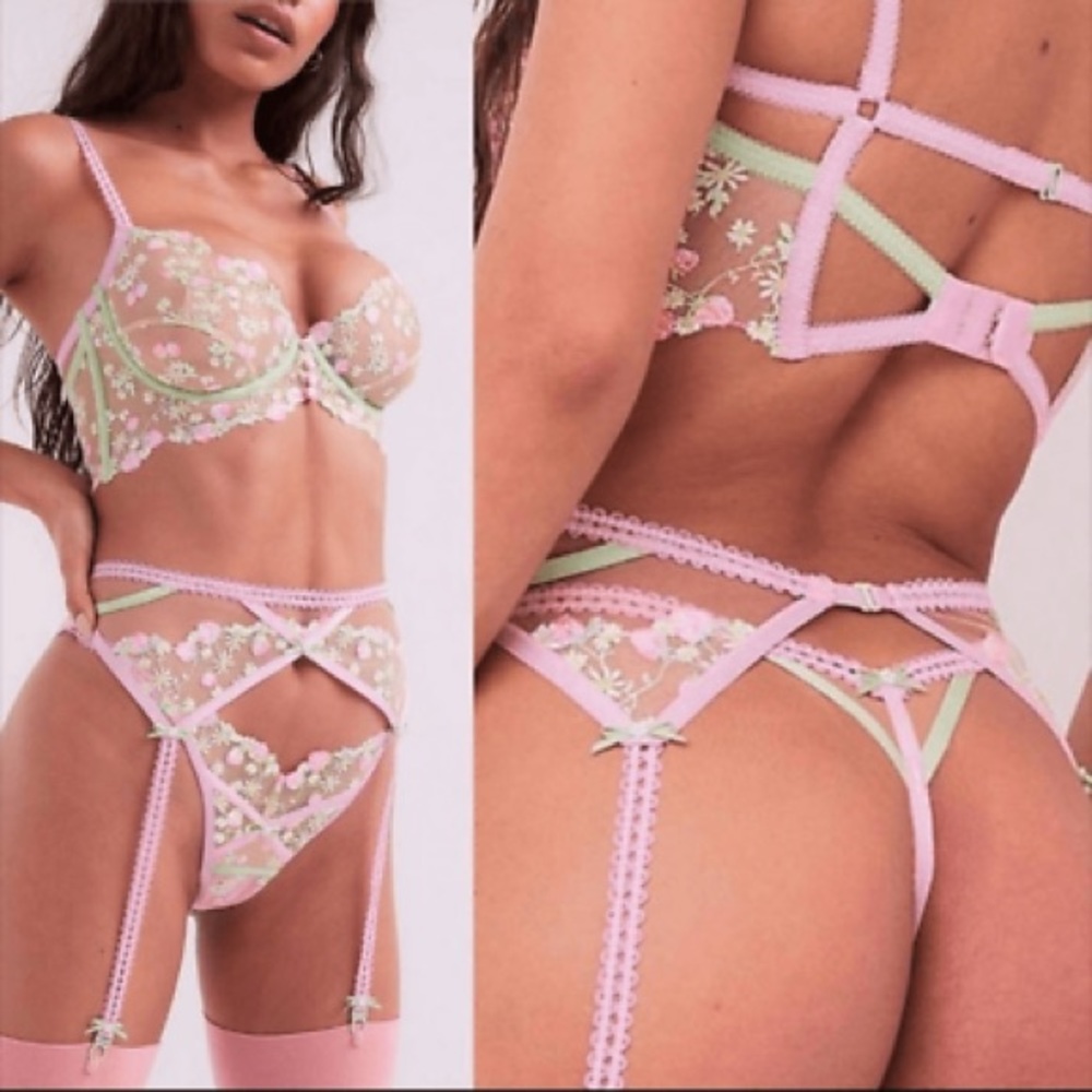 For Love And Lemons Pink and Green Floral Lace Strawberry Garter Belt
